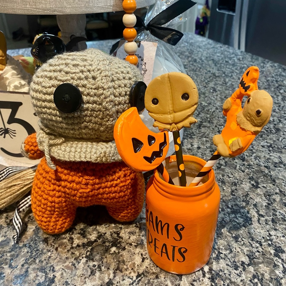 Handmade Sam Trick or Treat. Comes with handmade faux suckers & jar! Adorable!